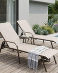 Set of Two Beige Aluminum Six Position Adjustable Sling Outdoor Stacking Chaise Lounges