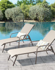 Set of Two Ivory Aluminum Six Position Adjustable Sling Outdoor Stacking Chaise Lounges