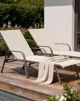 Set of Two Ivory Aluminum Six Position Adjustable Sling Outdoor Stacking Chaise Lounges
