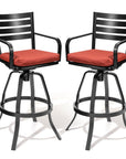 Set of Two 30" Black and Red Aluminum Swivel Outdoor Bar Height Chairs