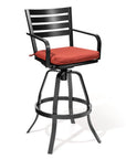 Set of Two 30" Black and Red Aluminum Swivel Outdoor Bar Height Chairs