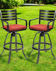 Set of Two 30" Black and Red Aluminum Swivel Outdoor Bar Height Chairs