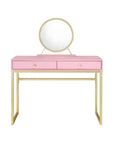 42" Gold And Pink Wood Vanity Table With Mirror And Two Drawers