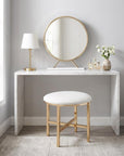 Set of Two Gold Metal And Faux Leather Round Freestanding Makeup Mirror And Stool