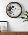 16" Black Gold And White Faux Leather And Iron Analog Exposed Gear Round Wall Clock