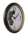 16" Black Gold And White Faux Leather And Iron Analog Exposed Gear Round Wall Clock