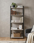 67" Natural and Black Metal Five Tier Ladder Bookcase