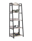 67" Natural and Black Metal Five Tier Ladder Bookcase
