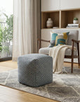 18" Blue and Beige Wool Cube Trellis Pouf Ottoman
