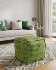 18" Green Recycled Silk and Cotton Blend Cube Pouf Ottoman