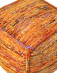 18" Orange Recycled Silk and Cotton Blend Cube Pouf Ottoman