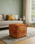 18" Orange Recycled Silk and Cotton Blend Cube Pouf Ottoman