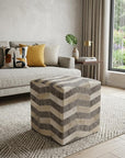 18" Gray and Beige Hair on Hide Cube Chevron Pouf Ottoman