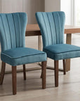 Set of Two Teal Blue and Brown Upholstered Velvet Dining Parsons Chairs
