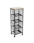 41" Black And Natural Metal And Wood Basket Storage Rolling Cabinet