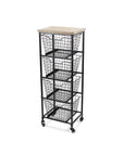 41" Black And Natural Metal And Wood Basket Storage Rolling Cabinet