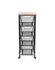 41" Black And Natural Metal And Wood Basket Storage Rolling Cabinet
