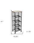 41" Black And Natural Metal And Wood Basket Storage Rolling Cabinet