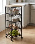 41" Black And Natural Metal And Wood Basket Storage Rolling Cabinet