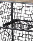 41" Black And Natural Metal And Wood Basket Storage Rolling Cabinet