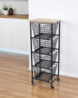 41" Black And Natural Metal And Wood Basket Storage Rolling Cabinet