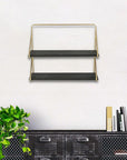 21" Dark Gray And Gold Metal And Wood Wall Mounted Tiered Shelf