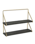 21" Dark Gray And Gold Metal And Wood Wall Mounted Tiered Shelf