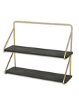 21" Dark Gray And Gold Metal And Wood Wall Mounted Tiered Shelf