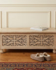 46" Antique White Solid Carved Wood Scroll Bench with Flip Top