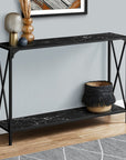 48" Black Wood and Metal Faux Marble Console Table With Shelf