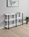 47" White and Black Wood and Metal Faux Marble Console Table With Three Shelves