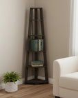 71" Oak Particle Board and Wood Five Tier Corner Bookcase