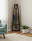 71" Dark Brown Wood Five Tier Corner Bookcase