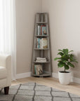 71" Gray Particle Board and Wood Five Tier Corner Bookcase