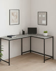 58" Gray and Black Faux Stone Wood And Metal Corner Computer Desk