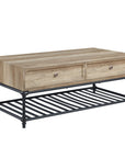 47" Oak and Brown Metal Coffee Table With Two Drawers And Shelf