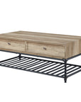 47" Oak and Brown Metal Coffee Table With Two Drawers And Shelf