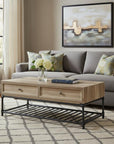 47" Oak and Brown Metal Coffee Table With Two Drawers And Shelf
