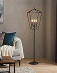 64" Black Three Light Floor Lamp With Black Geometric Shade