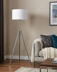 64" Silver Adjustable Tripod Floor Lamp With White Fabric Shade