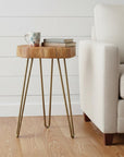 26" Gold And Natural Solid Wood Round End Table