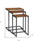 Set of Three Brown and Black Distressed Solid Wood and Metal Frame Nested Tables