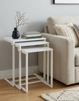 Set of Three White Solid Wood and Steel Frame Nested Tables