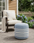 20" Blue Polyester Round Striped Indoor Outdoor Pouf Ottoman