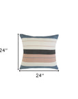 24" X 24" White Zippered Striped Indoor Outdoor Throw Pillow