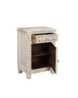30" Distressed White One Drawer Carved Floral Solid Wood Nightstand