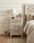 30" Distressed White One Drawer Carved Floral Solid Wood Nightstand