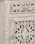 30" Distressed White One Drawer Carved Floral Solid Wood Nightstand