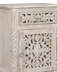 30" Distressed White One Drawer Carved Floral Solid Wood Nightstand