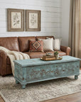 54" Aqua Carved And Distressed Solid Wood Lift Top Coffee Table